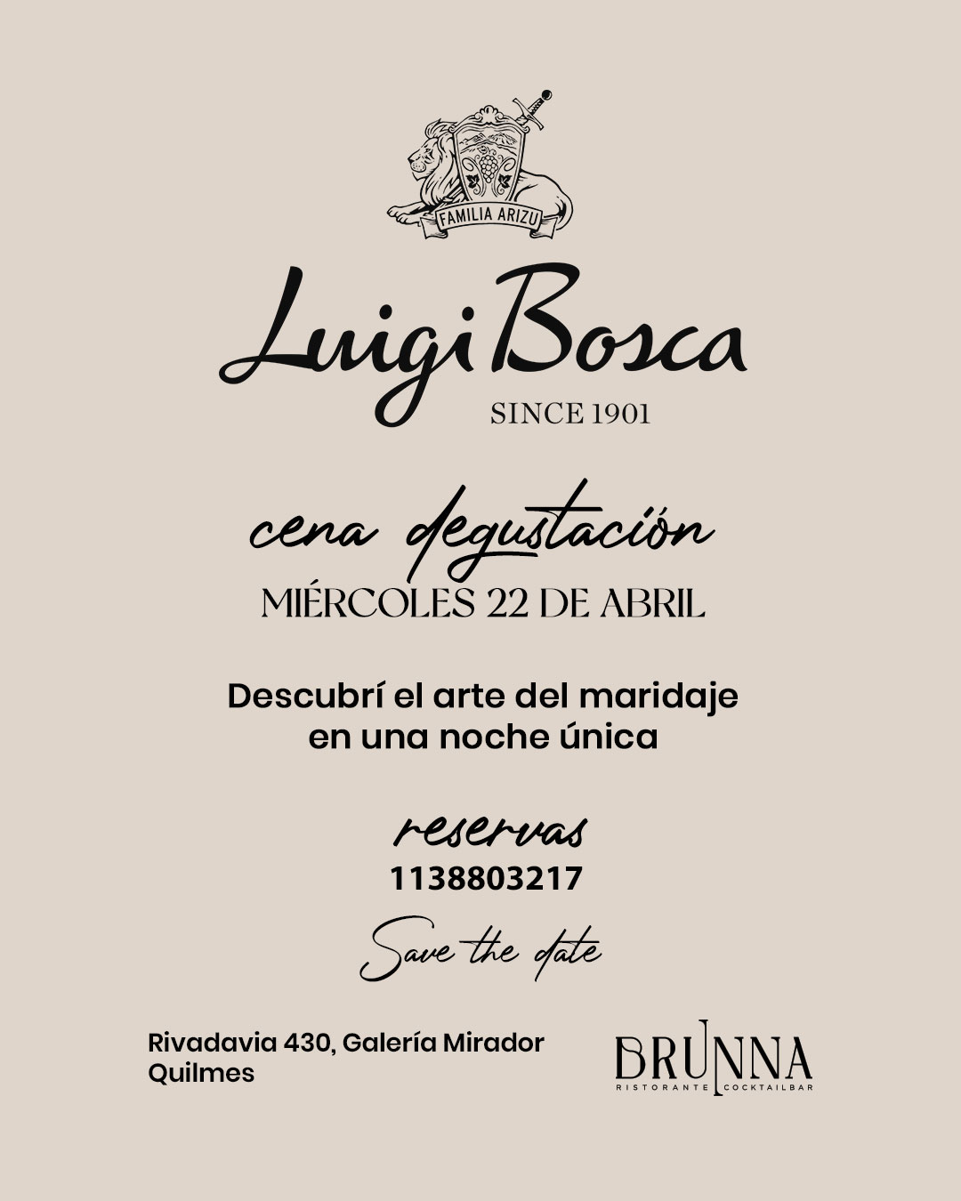 Cena degustación Luigi Bosca Brunna